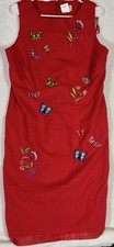 Studio C Plus Red Linen Blend Size 14W Embroidered Butterfly Lined Midi Dress