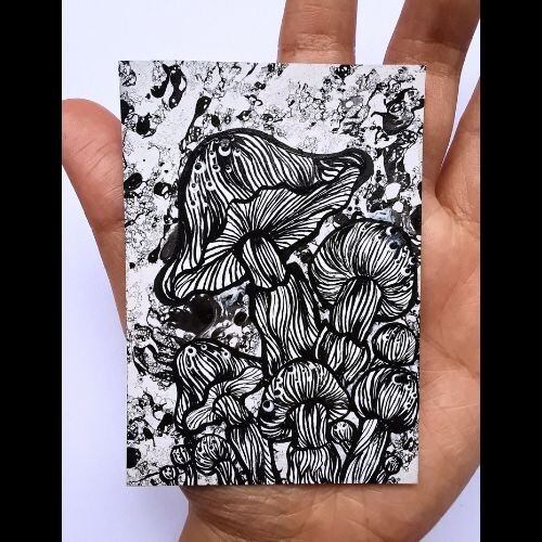 ACEO originale fungo acrilico nuovi stili di pittura carta d'arte 100% fatta a mano OO - Foto 2 di 7