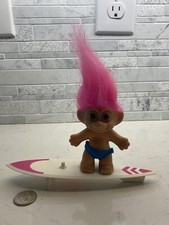 Vintage Russ Surfer Troll-Pink Hair Doll On White Surf Board