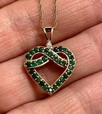 14K Yellow Gold Plated 1 Ct Round Emerald Green Simulated Diamond Heart Pendant