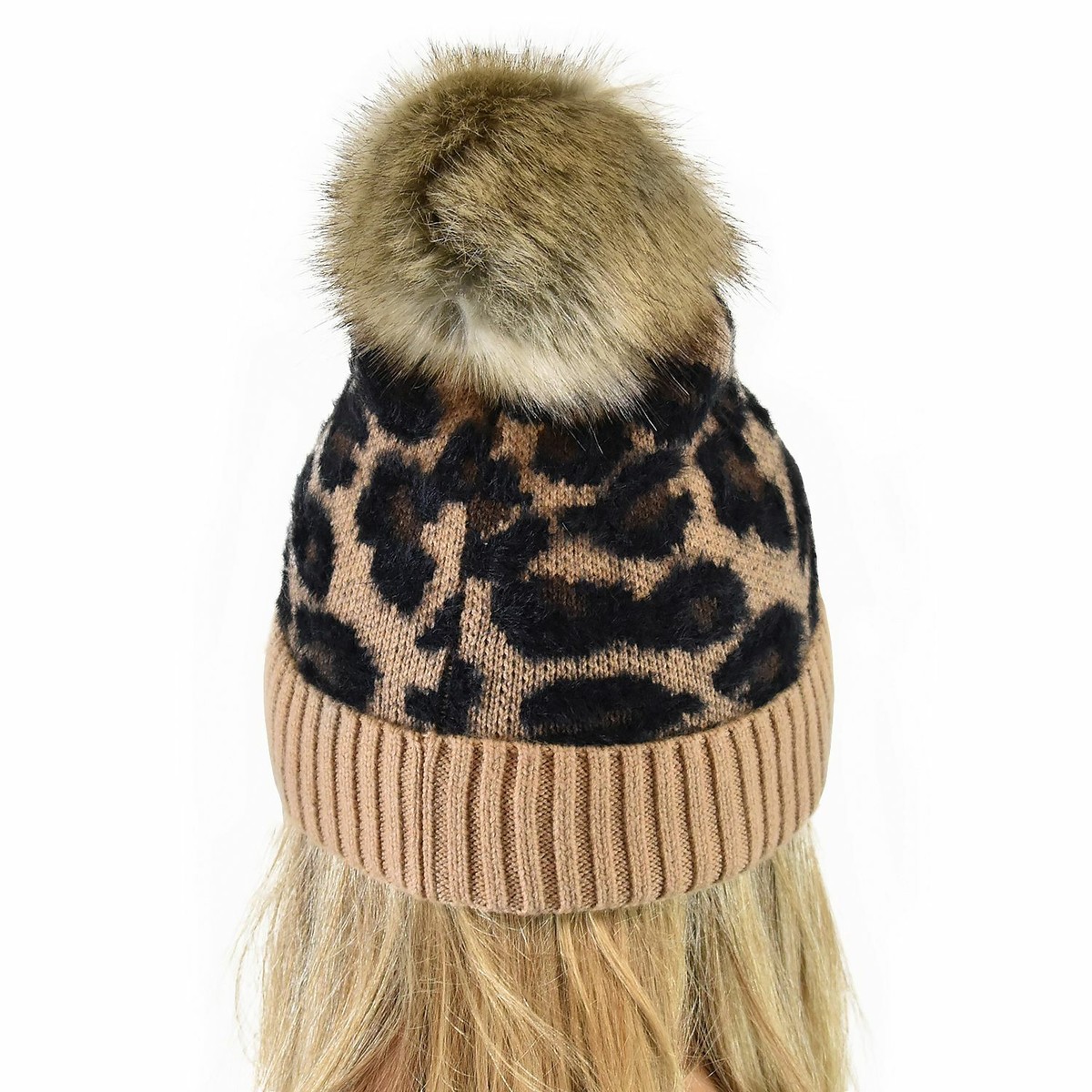 C.C Animal Print Soft Warm Knit Cuff Faux Fur Pom Beanie  display picture 1