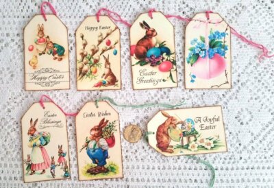 6~Easter~Vintage~Bunnies~Eggs~Fussy Cut~Linen Cardstock~Gift~Hang~Tags~Ornies