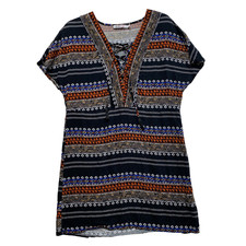 Just Fab Woman's Multi Color Size S Lace Up V-Neck BOHO Shift Tunic Dress