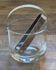 Vintage MCM Kosta Boda Heavy Thick Glass Ice Bucket w/ Chrome Handle & Tongs 5&frac14;"