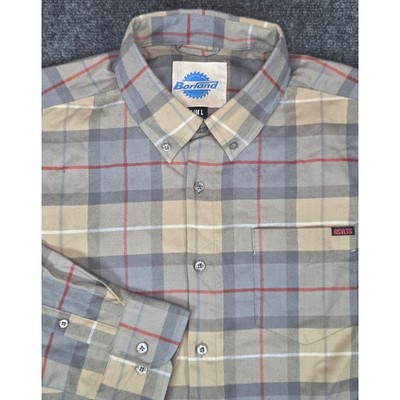 RSVLTS Borland Flex Shirt Mens Slim L Plaid Button Down Grey Tan Red Long Sleeve