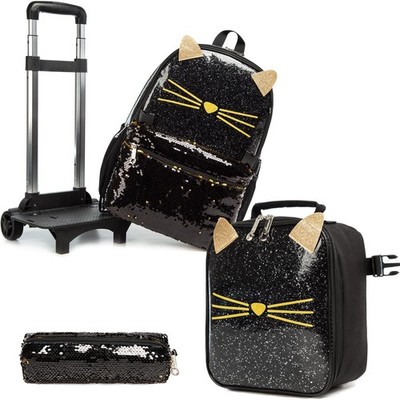 Cat Rolling Backpack Set for Girls - 3PC Trolley Bag with Lunch Box & Case
