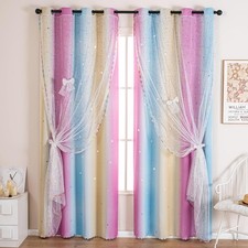 2-in-1 Double-Layer Kids  Girls Unicorn Princess Ombre Blackout Curtains wit...