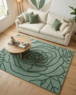 Green Rose Hand Tufted Rug, Handmade Wool Area Rug, Contemporary Carpets 9x10|