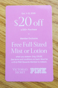 Victoria's Secret/PINK Coupons $20 OFF $50 + Mist or Lotion Exp. 10-12-2026