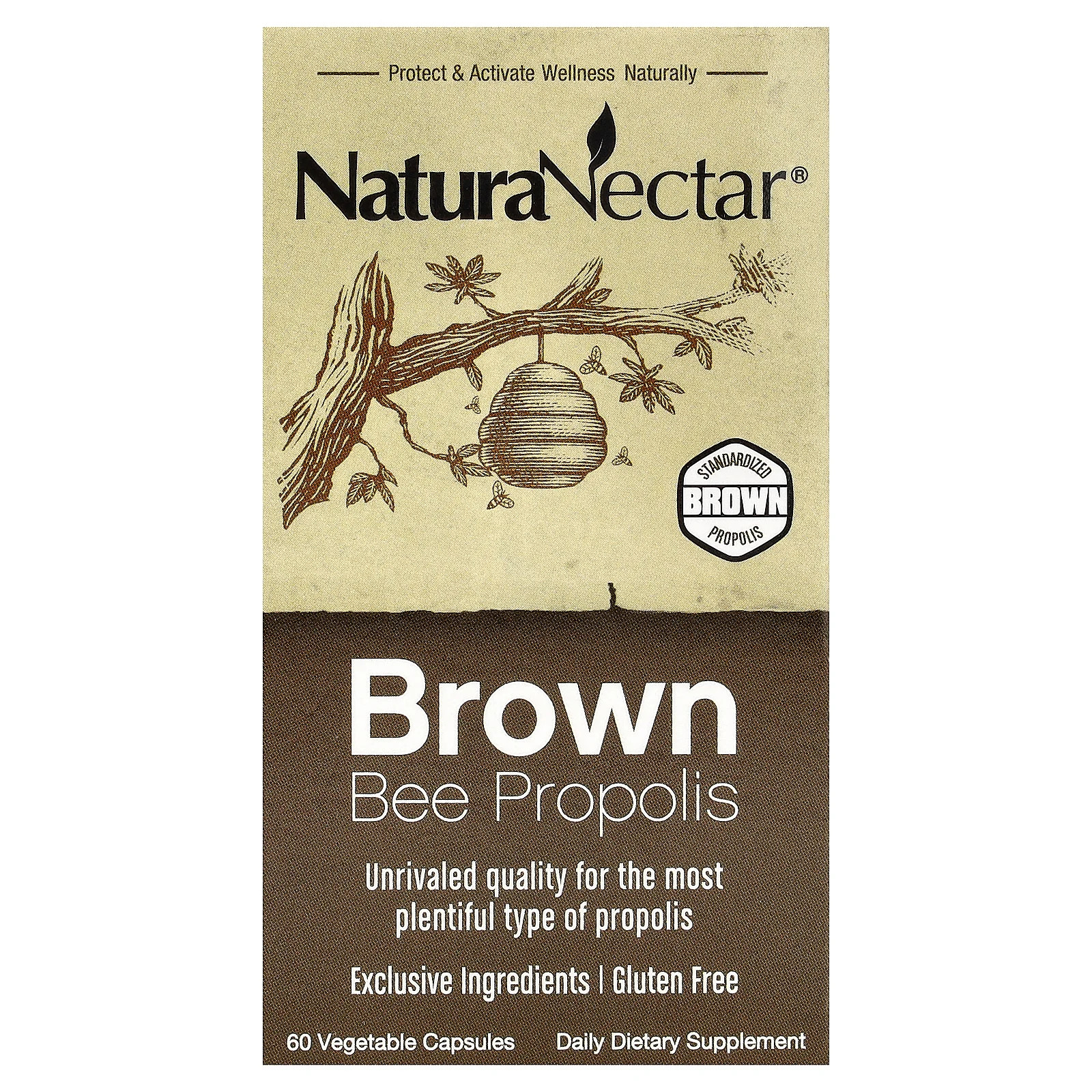 NaturaNectar Brown Bee Propolis 60 растительных капсул без спирта, полностью натуральный
