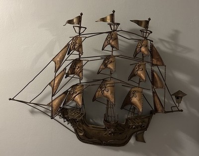 Vintage Metal Pirate Ship Wall Art Handcrafted Sculpture 33'' w x 23'' t 1970's