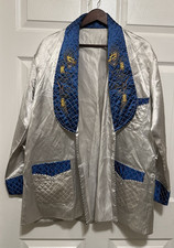 Men's Silver Satin Smoking Jacket Robe Blue Gold Quilted Dragon Collar