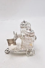 Antique 1871 Silver Plated Donkey Cruet Set with 2 Glass Condiments