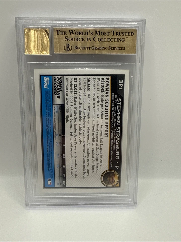 Bowman Prospects Stephen Strasburg 2010 #BP1 BGS 9,5 gema como nuevo novato automático radiocontrol Foto 2 de 2