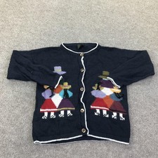Sweater Cardigan Kids 5-6 Navy Blue Knit Folk Art Girls Graphic Button Front