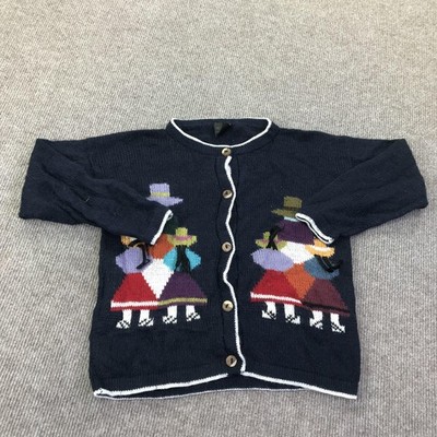 Sweater Cardigan Kids 5-6 Navy Blue Knit Folk Art Girls Graphic Button Front
