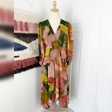 Hutch Anthropologie Geo Wrap Watercolor 3/4 Sleeve Midi Dress Green Sz XS Petite