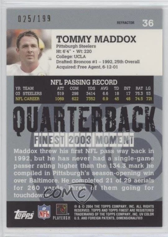 2004 Topps Finest Refractor /199 Tommy Maddox #36 - Image 2 of 2