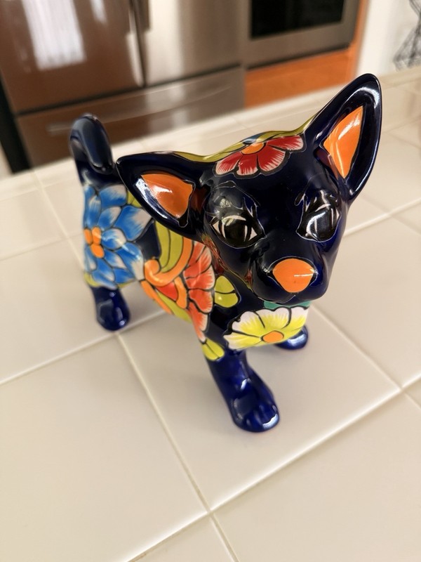 Blue Floral Painted Ceramic Dog Figurine - Chihuahua Breed Decorative Figure