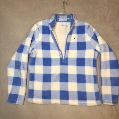 Vineyard Vines Fleece Pullover Womens Medium Blue White Plaid 1/2 Zip E5/G5
