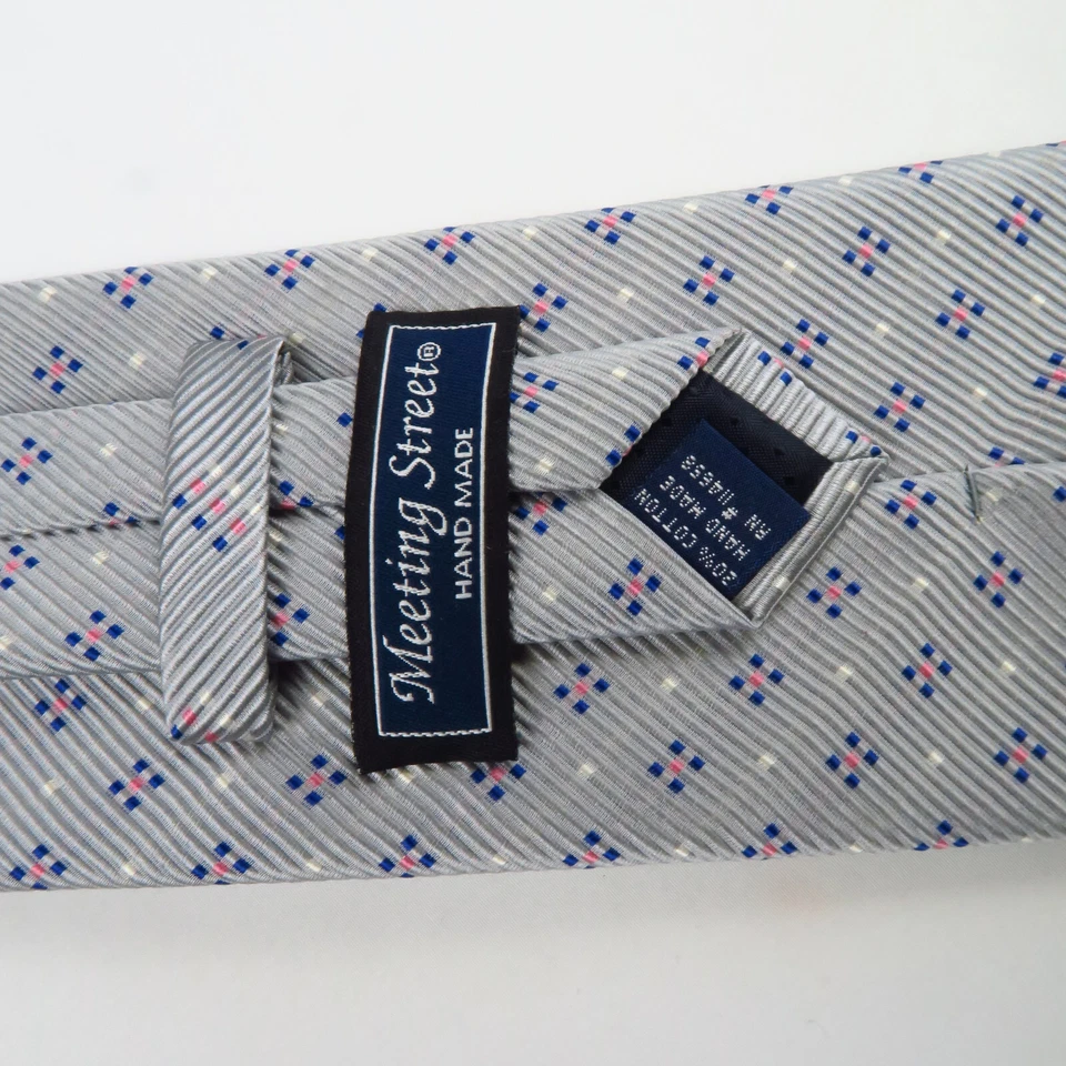 Gravata de pescoço vintage Meeting Street masculina feita à mão cinza azul rosa foulard 58"x4"  - Imagem 3 de 4