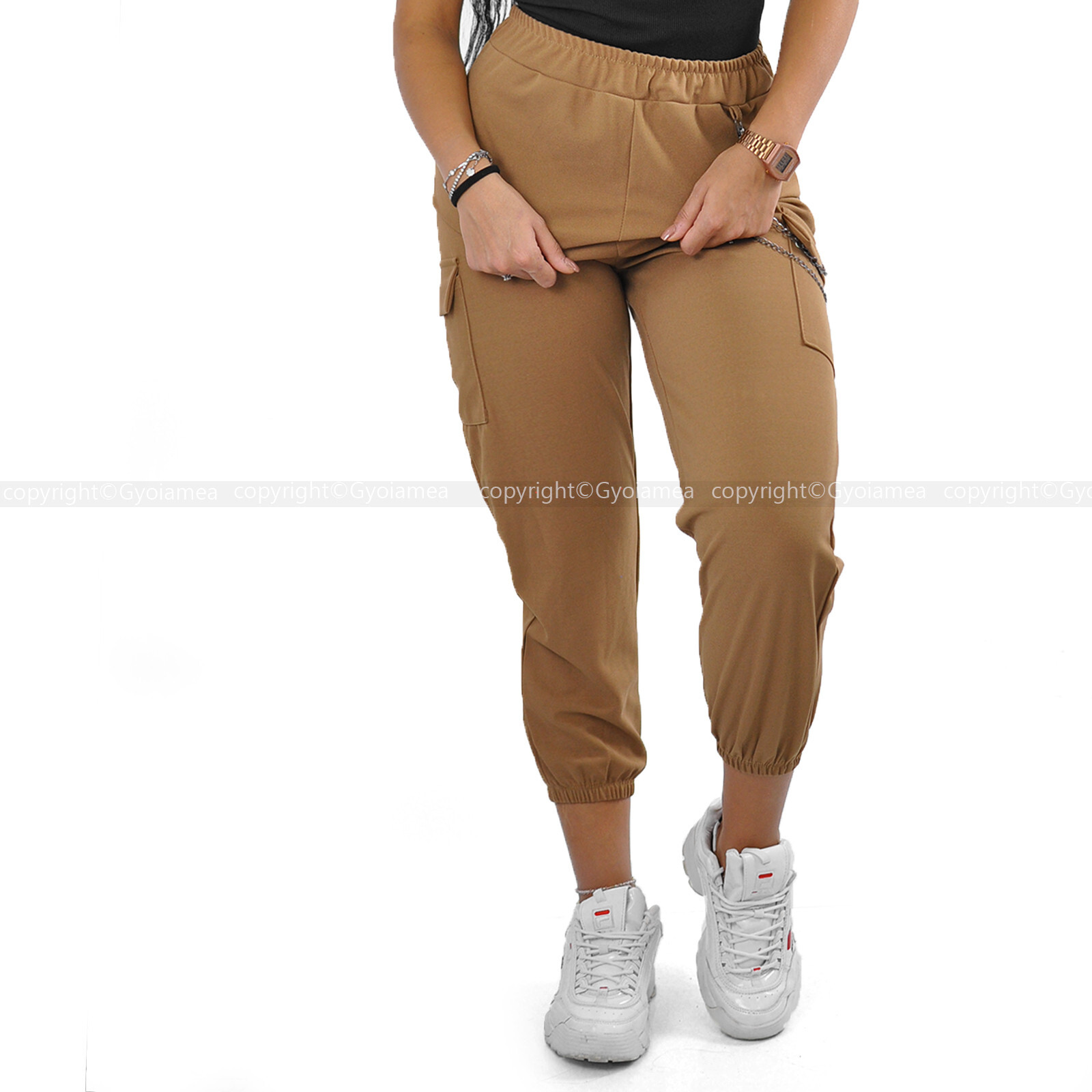 Pantalone cargo donna elasticizzato tasconi catena sportivo morbido giornaliero - Foto 5 di 17
