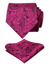 Mens Paisley Necktie with Pocket Square Set 1-174-black hot Pink