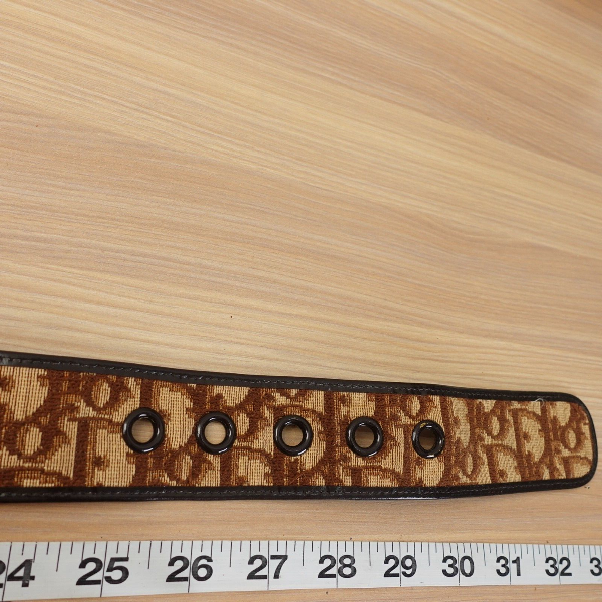 DIOR Belt XS 26 Leather Logo Canvas Brown Gold Buckle Chunky 
