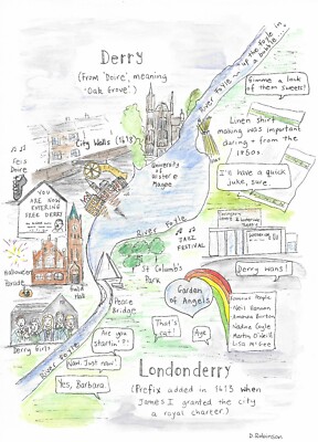 Derry Londonderry illustrierte Karte Poster Druck. A3 Gr. Ungerahmt 