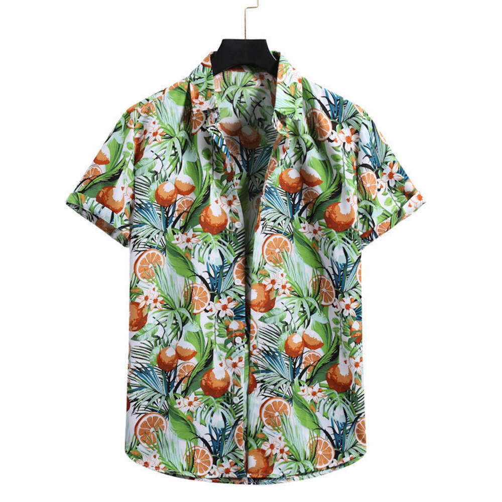 Casual Cotton Hawaiian Floral Men's Beach Shirt with Lapel Collar