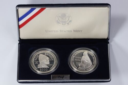 2000-P Leif Erikson Proof Dollaro d'argento commemorativo Set 2 monete $1 - Foto 1 di 8