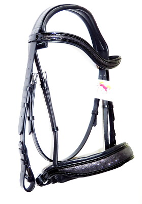 Anatomischer Trense FSS JET GLITZER BLING FREIFORM Kurve ABGESCHNITTEN Nasenband PATENT 
