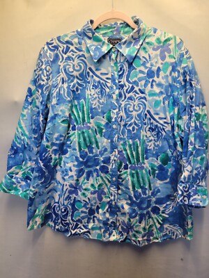 Chaps Womens Plus 2XL Flower Print Button Up Top Long Sleeve Blue Green 2512