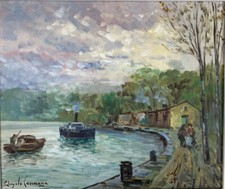 Altes Ölgemälde Angelo Cannone 1899 Italien-1992 Brasilien Schiffe am Hafen Ufer