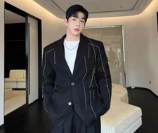 Men's Autumn Fashion Lapel Long Sleeve Metal Decor Rivet Loose Party Suit Coats