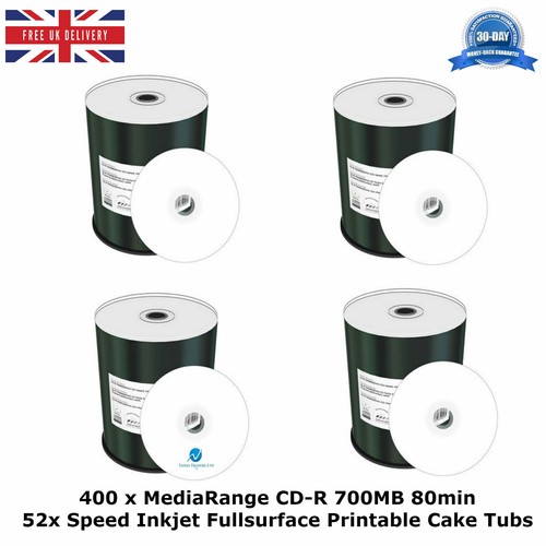 400 x MediaRange CD-R 700MB 80min 52x Speed Inkjet Fullsurface Printable CakeTub - Picture 1 of 12