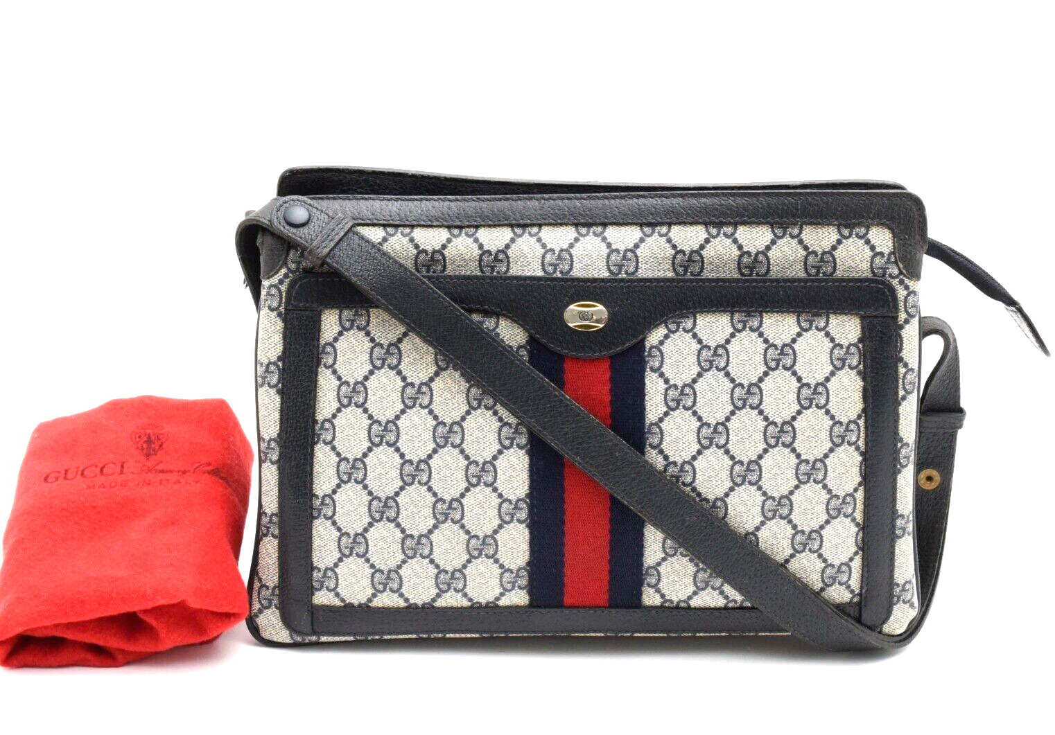 Vintage GUCCI [Rank A] GG Sherry Line Shoulder Bag Purse Supreme PVC Navy Auth