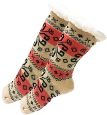 Womens Thick Knit Sherpa Fleece Slipper Socks Khaki Orange Base Snowflakes 9-11