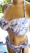 victorias secret Bikini Set XL L Strapless   Blue Floral Huge Bow Tie Side
