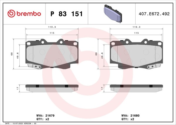 Bremsbelagsatz Scheibenbremse Prime Brembo P 83 151 FüR Hilux Fortuner Toyota 7-image