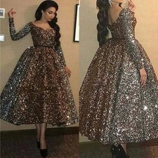 Sparkly Prom Dresses Glitter Sequined V Neck Tea Length Long Sleeve Evening Gown