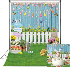 Spring Easter Photography Backdrop 5X7Ft Blue Wooden Wall Lawn Colorful Eggs Bun