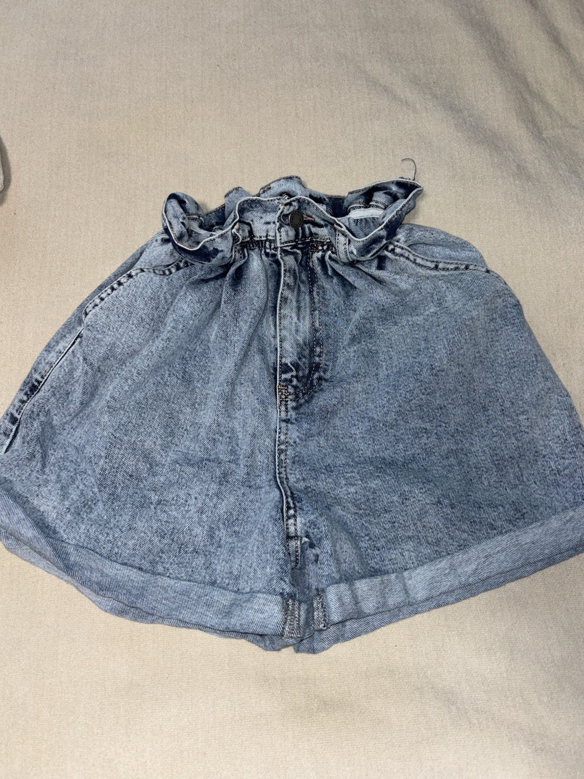 NASTY GAL Paperbag Denim Shorts High Rise Blue Button Pockets Women Size M