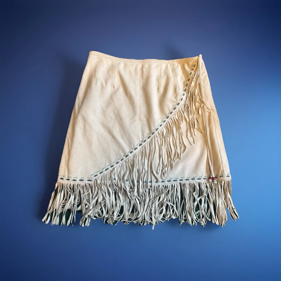 DOUBLE D RANCH Tan Suede,Leather Fringe Skirt Size M Embroidered Western Boho - Image 2 of 4