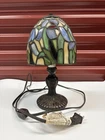 Vintage Tiffany-Style Stained Glass Accent Lamp Mosaic Shade Cast Metal Base
