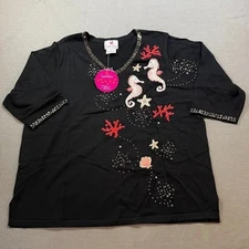 Quacker Factory Black Sea Horses Embellished V Neck Sweater Top Women's 2X