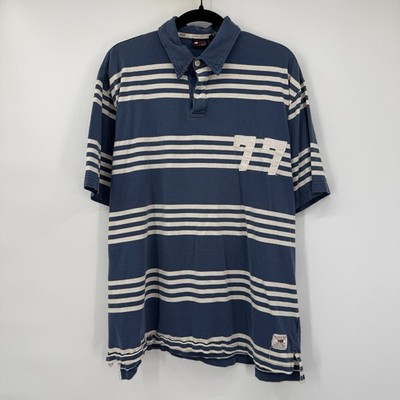 Bugle Boy Mens Large Vintage Blue White Striped Polo Shirt Y2K Collared 77 Logo
