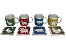 J.S.N.Y. Calico Farm Mugs Set Of 4 With 4 Coasters Cow Pig Duck Chicken