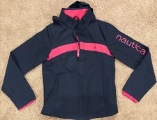 Great Navy Blue/Pink Nautica Kids Hooded Rain Jacket Windbreaker XL 12-14 EUC