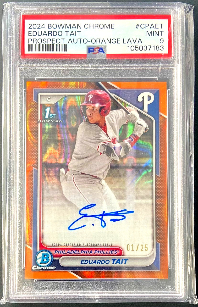 2024 Bowman Chrome Eduardo Tait 1st Bowman Prospect Auto Orange Lava /25 PSA 9